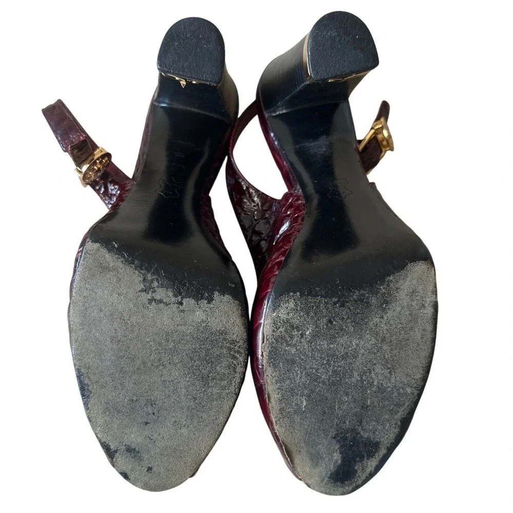 Tory Burch Allison Croc Patent Slingback Peep Toe‎ Block Heels 8 Bordeaux